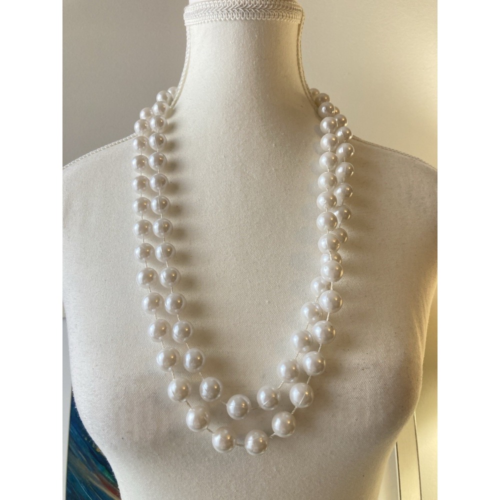 Faux Pearl Double‎ Strand Necklace Bold Glam Plastic Beads Can Be Made Long